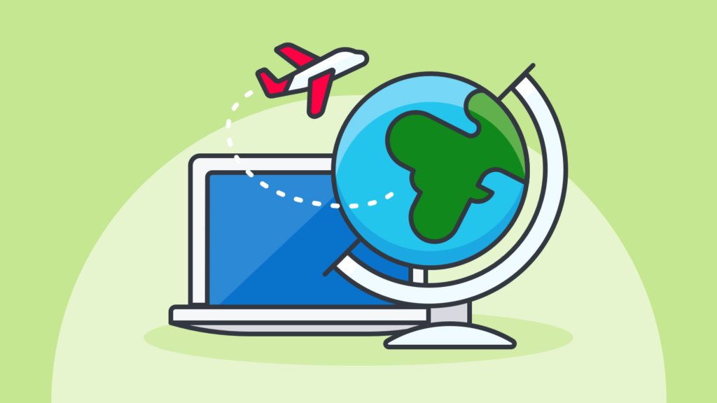 An illustrated collage of a globe, an airplane, and a laptop computer