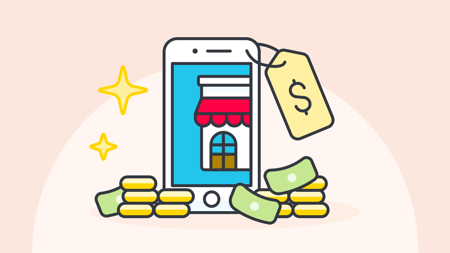 An illustration of a smartphone with a price tag. Dollar bils and coins are also depicted.