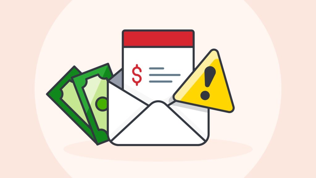 Illustration of money, white envelope with a bill inside it, and a caution sign