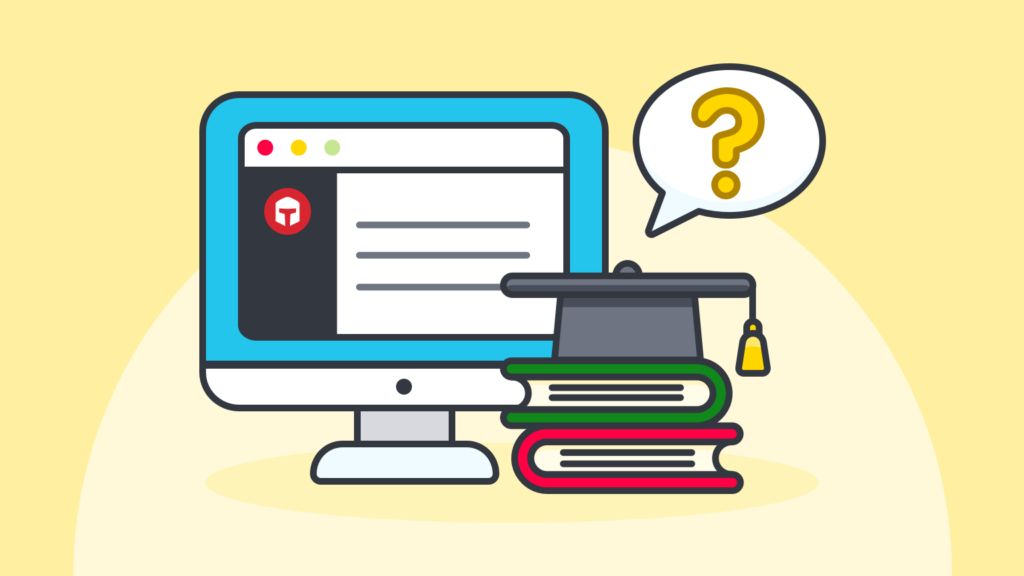 Illustration of computer logged into TaxSlayer and stack of books with a graduation cap on top