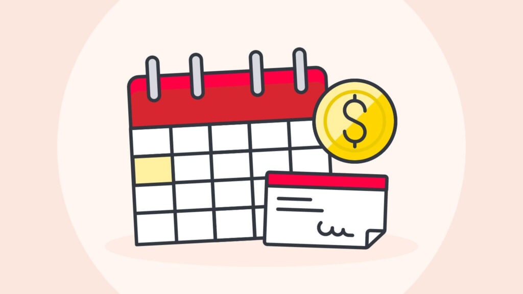 An illustration showing a calendar, a handwritten check, and a coin.
